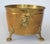 Vintage oval brass cachepot with lion head handles, paw feet and etched Asian motif. Made in Hong Kong. One rivet is loose...