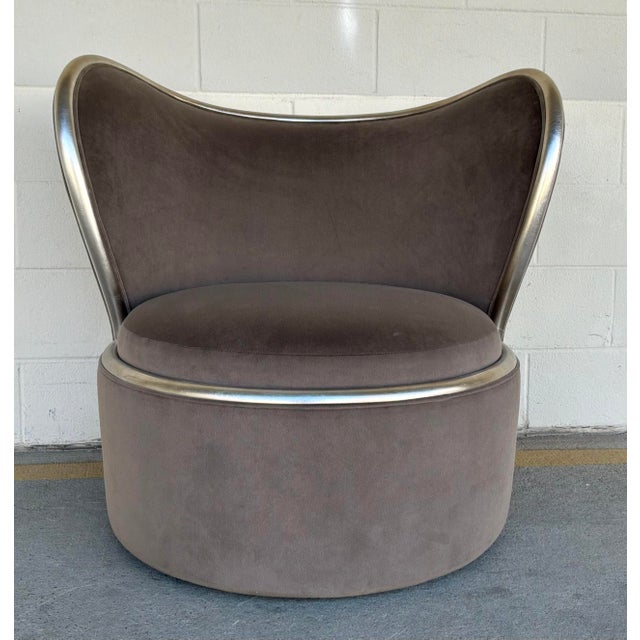 2020s Caracole Modern Taupe Velvet Mariposa Swivel Chairs Pair For Sale - Image 5 of 6