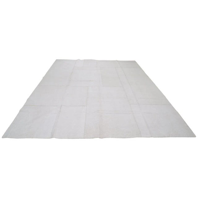 Handmade Vintage Turkish Patchwork Hemp Flatweave Kilim Rug. Neutral colors and soft texture.