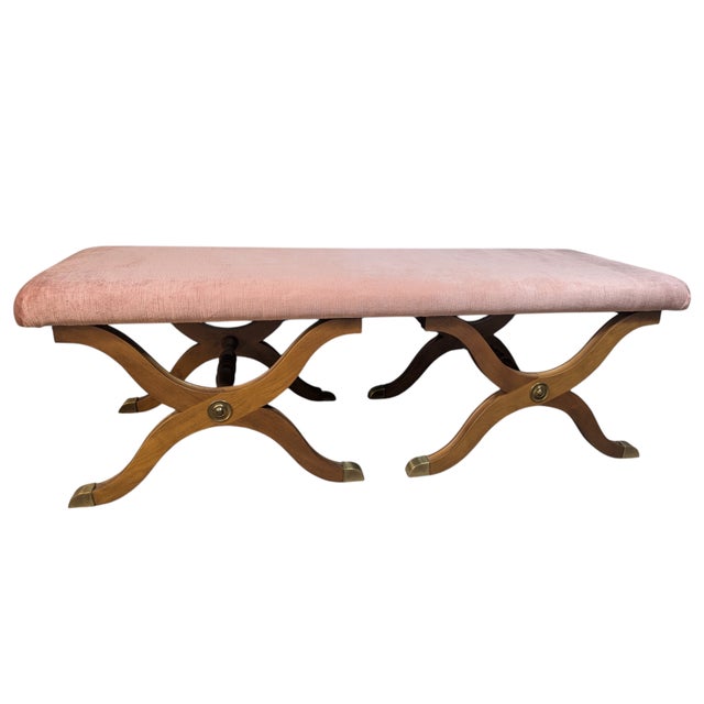 Vintage Dorothy Draper Espana Pink Velvet Bench With Curule Legs For Sale - Image 11 of 15
