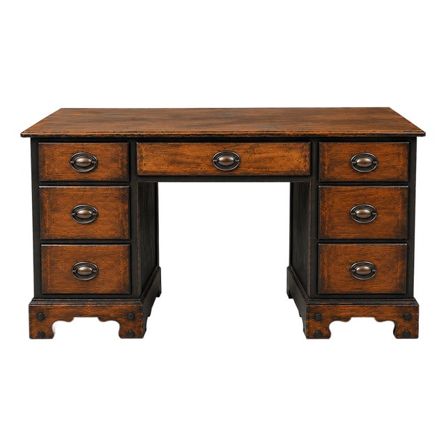Vintage Solid Pine Kneehole Writing Desk & Saddle-Seat Windsor Chair – Tobacco Walnut For Sale