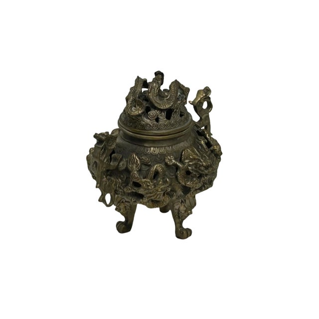 Asian Vintage Bronze Color Metal Dragons Tri Legs Ding Incense Burner Art For Sale - Image 3 of 14