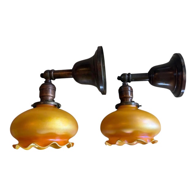 Early 20th Century Signed Quezal Hand Blown Art Glass Wall Sconces - a Pair For Sale