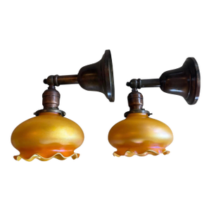 Early 20th Century Signed Quezal Hand Blown Art Glass Wall Sconces - a Pair
