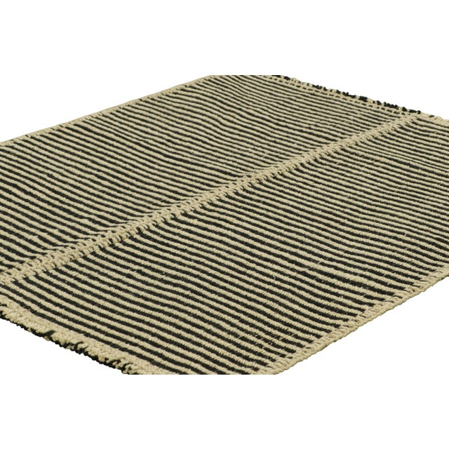 Rug & Kilim Rug & Kilim’s Contemporary Kilim With Textural Cream White and Black Stripes For Sale - Image 4 of 7