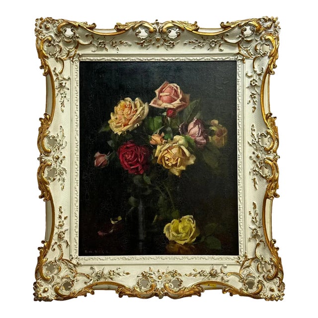 British Oil Painting Flowers Garden Roses Signed Ernest Higgins Rigg Staithes Group Framed For Sale