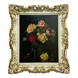 British Oil Painting Flowers Garden Roses Signed Ernest Higgins Rigg Staithes Group Framed
