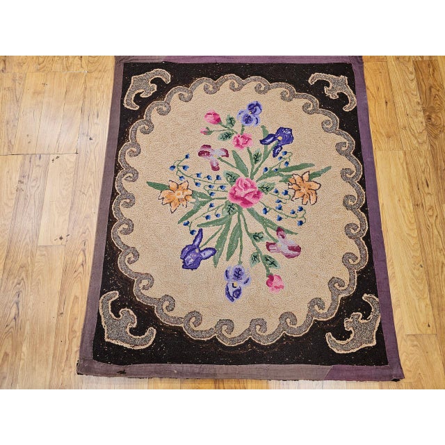 1900 - 1909 Vintage Hand Hooked Rug, Wool & Cotton, Floral Pattern, American Folk Art, 3x4 For Sale - Image 5 of 17