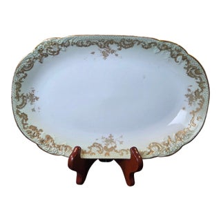 Antique Elite Works Limoges 11.5" Serving Platter - Gilded Scrolls & Celadon Dot Border For Sale