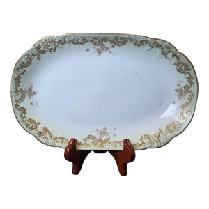 Antique Elite Works Limoges 11.5" Serving Platter - Gilded Scrolls & Celadon Dot Border