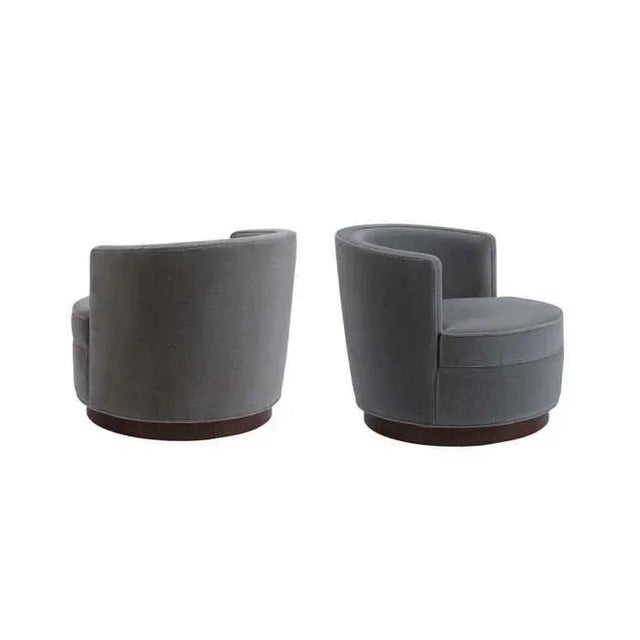 Wood Early Grey Mohair Swivel Chairs by Edward Wormley for Dunbar, Restored - A Pair For Sale - Image 7 of 11
