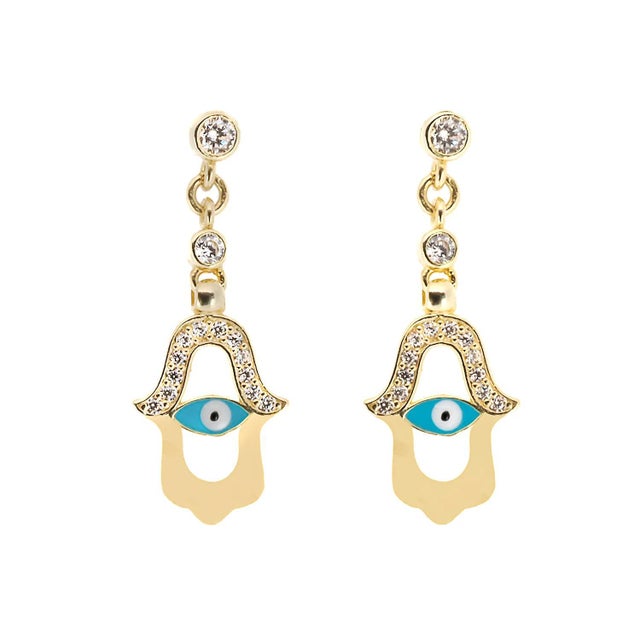 Metal Turquoise Enamel Evil Eye Gold Plated Hamsa Earrings, A Pair For Sale - Image 7 of 7