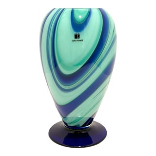 Carlo Moretti Murano Art Glass Vase Aqua Teal Cobalt Swirl Signed Labeled For Sale