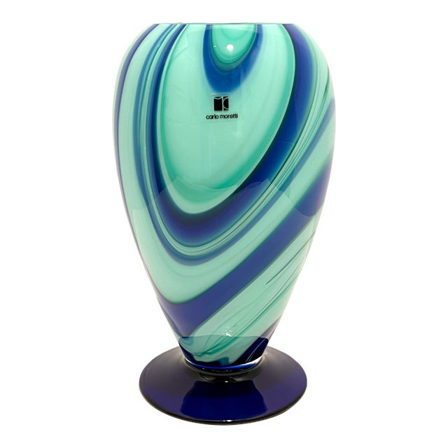 Carlo Moretti Murano Art Glass Vase Aqua Teal Cobalt Swirl Signed Labeled For Sale