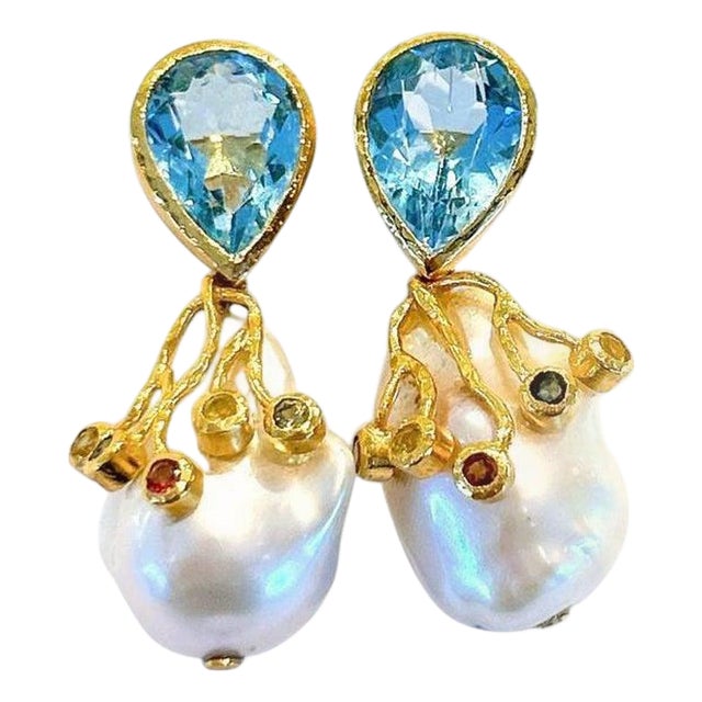 Bochic “Capri” London Topaz & Sapphire Earrings Set In 18K Gold & Silver For Sale