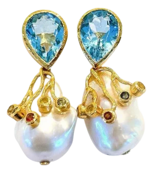 Bochic “Capri” London Topaz & Sapphire Earrings Set In 18K Gold & Silver