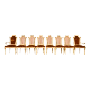 Karges French Regency Louis XVI Cream Painted and Gold Gilt Cane Back Dining Chairs, Set of Eight