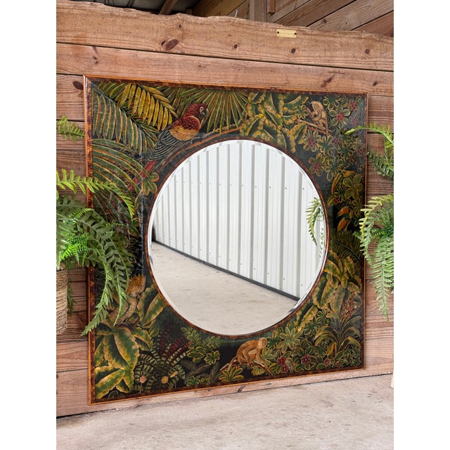 Tropical Regency Mosaic Mirror With Hand-Painted Jungle Motif & Salvaged Rattan Trim For Sale - Image 11 of 12