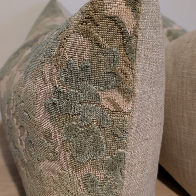 Cowtan and Tout Walden lumbars in sage, with coordinating natural linen backs. Walden is a heavyweight woven velvet...