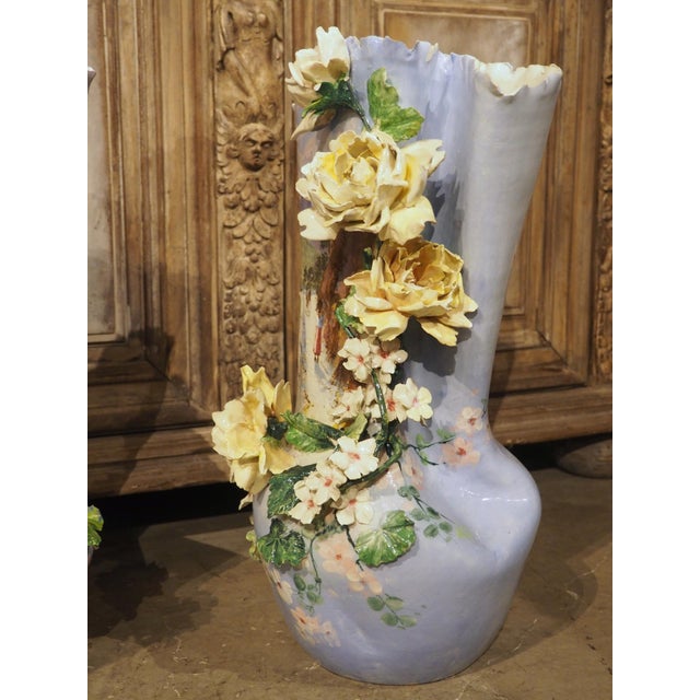 Pair of Circa 1890 Hand Painted French Gros-Relief Blue Ground Barbotine Vases For Sale - Image 11 of 18