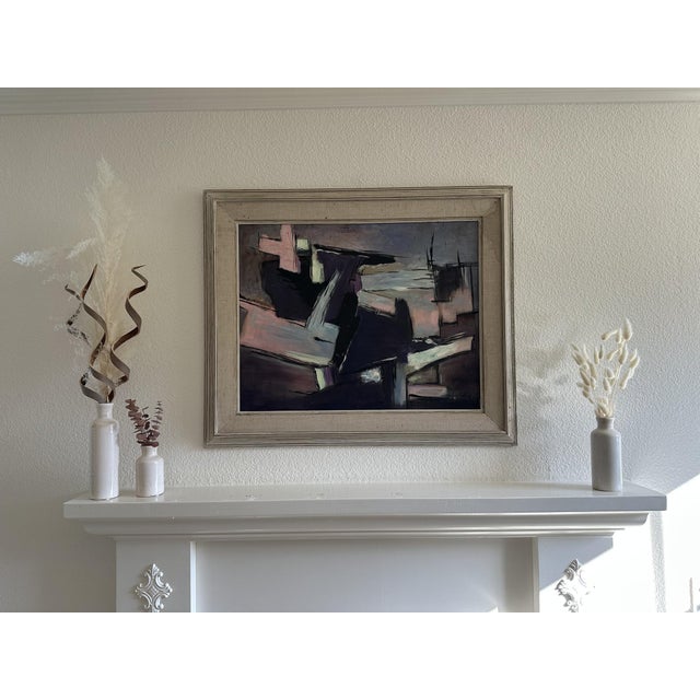 A confident mid-century abstract oil, circa 1960 — architectonic and post-cubist. A muted tonal ground of violet, mauve...