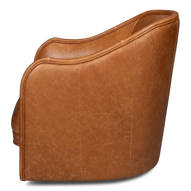 Modern Barrel-Back Swivel Lounge Chair, Chestnut Brown Leather For Sale - Image 3 of 12
