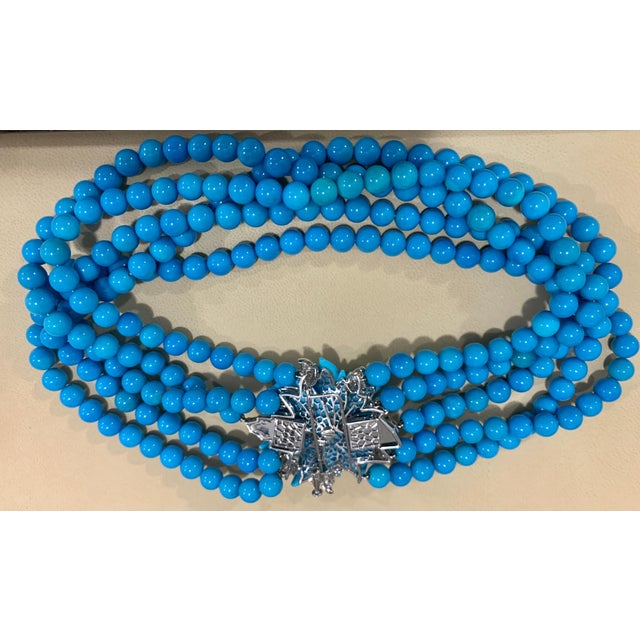Metal Natural Sleeping Beauty Turquoise Necklace Five-Strand and Diamond French Clasp For Sale - Image 7 of 8
