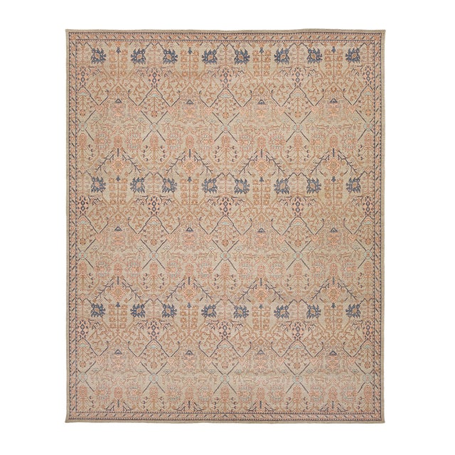 Modern Tabriz Style Wool Area Rug – Muted Neutrals, Peach & Indigo Accent 12x15 For Sale