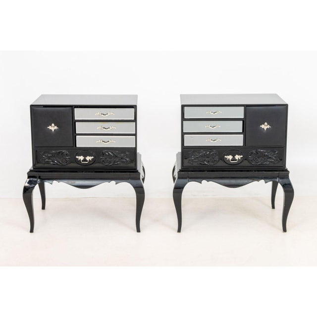 Pair of Boca do Lobo "Brooklyn" Bedside Cabinets, with grey glass encasing three drawers and single door compartment above...