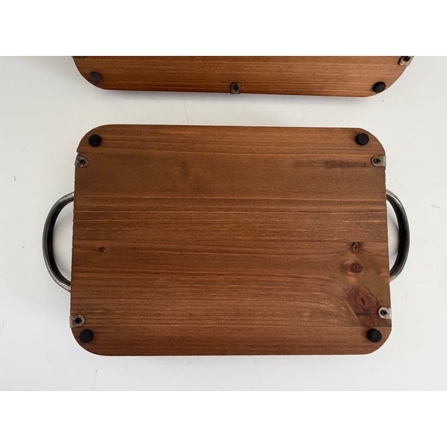 Vintage Handmade Wood Serving Trays With Hand-Forged Metal Frames – Set of 2 For Sale - Image 11 of 13