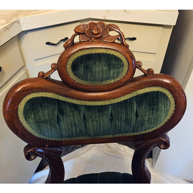 Mid-Century Pelham, Shell & Leckie Victorian Revival Tufted Green Velvet Chairs - A Pair For Sale - Image 4 of 8