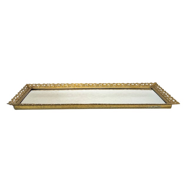 Borghese Vintage Hollywood Regency Gold-Tone Filigree Mirrored Vanity Tray - Ornate Filigree Edge – Glam / Rococo Revival / Mid-Century For Sale - Image 4 of 13