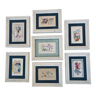 1920s Custom Framed Hand Embroidered Postcards - a Set of 7 For Sale