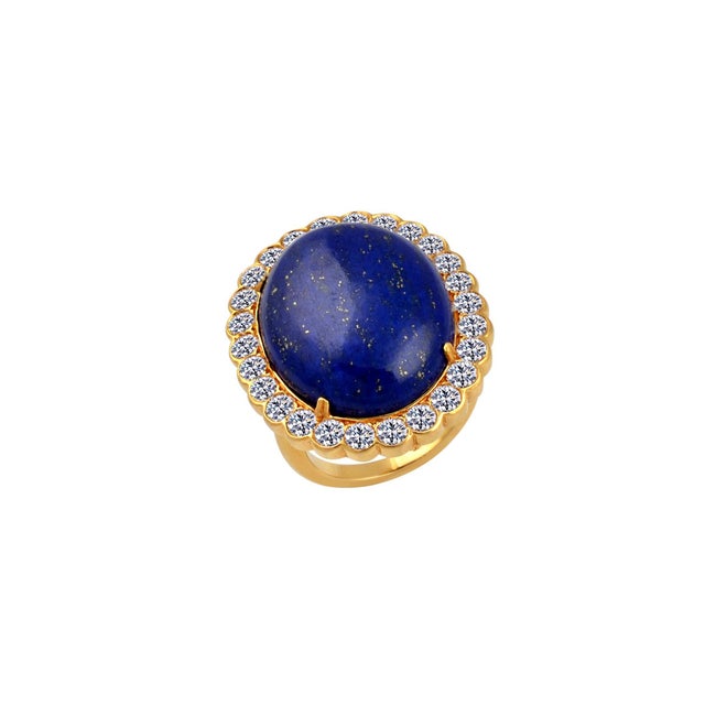 15Ct Diamond & 30Ct Natural Lapis Lazuli Set 18 K Y Gold, Ring, Earring, Pendant For Sale In New York - Image 6 of 18
