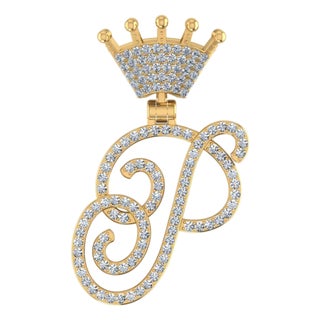 10K Yellow Gold Round Diamond Crown P Letter Initial Pendant 1/4 Cttw For Sale