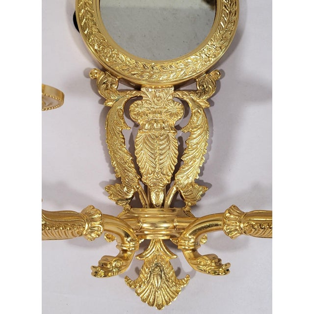 Late 20th Century French Neoclassical Empire Style Gilt Bronze Two Light Wall Sconces W. Mirrors - a Pair For Sale - Image 13 of 17