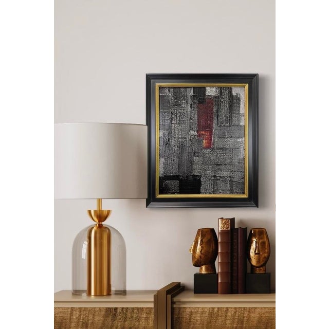 Original abstract painting by J. Kent Martin featuring layered black, gray, and white with a vertical red accent in a...