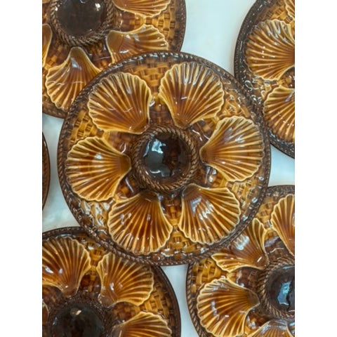 French barbotine oyster plate by Faïencerie de Longchamp, Burgundy, France — a form of French majolica with shell and...