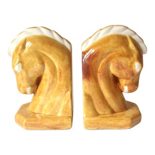 Mid-Century Modern Pottery Horse Bookends- a Pair Western Cowboy Decor For Sale