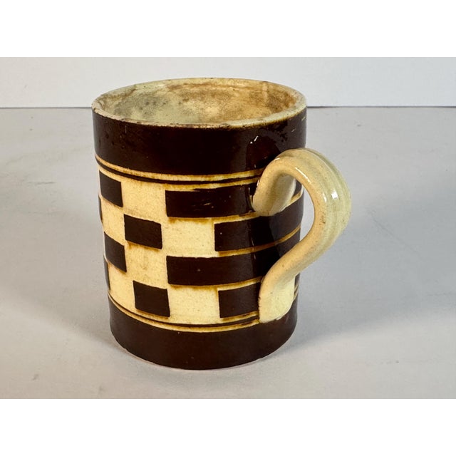 Art Nouveau Antique Child's Mochaware Mug: Checkerboard Yellowware, Austrian 19th Century For Sale - Image 3 of 10