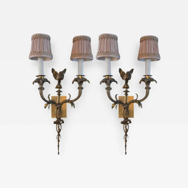 1900 - 1909 Pair of Bronze Sconces With Shades For Sale - Image 5 of 5
