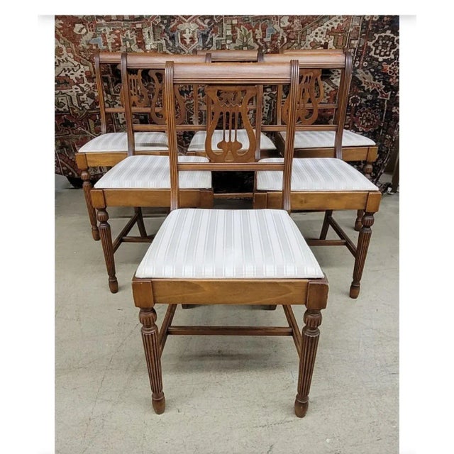 Set of Six 1930s Refinished Lyre-Back Mahogany and Upholstered Dining Chairs For Sale - Image 11 of 12