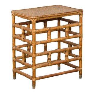 Vintage Country Style Burmese Table with Rattan Top & Geometric Bamboo Base For Sale