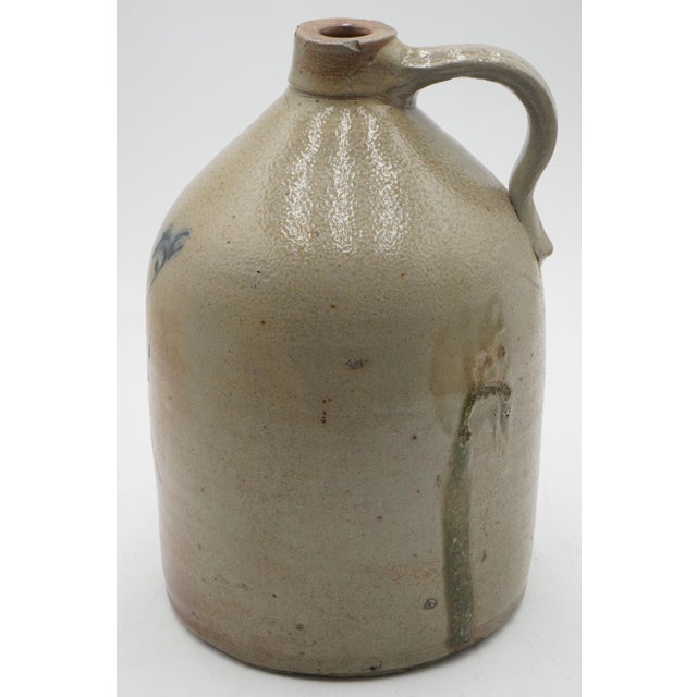 Traditional Antique Blue Stoneware Crock Jug W. Handle W. Bird For Sale - Image 3 of 11