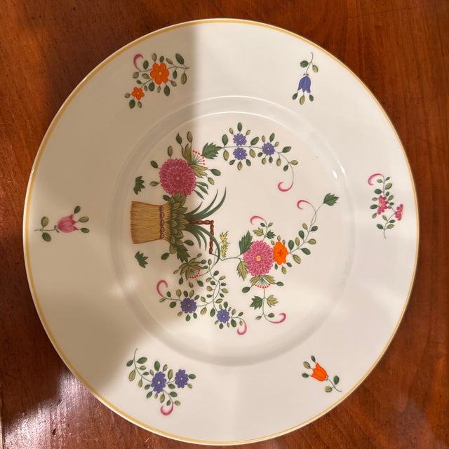 Green, blue and multicolor porcelain Céralene A. Raynaud Limoges Panier Chinois Celadon dinner plates with gold rims,...