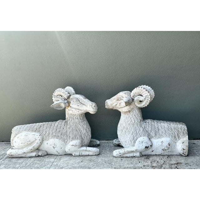Vintage Monumental Distressed Hand Carved Rams - A Pair For Sale In West Palm - Image 6 of 13