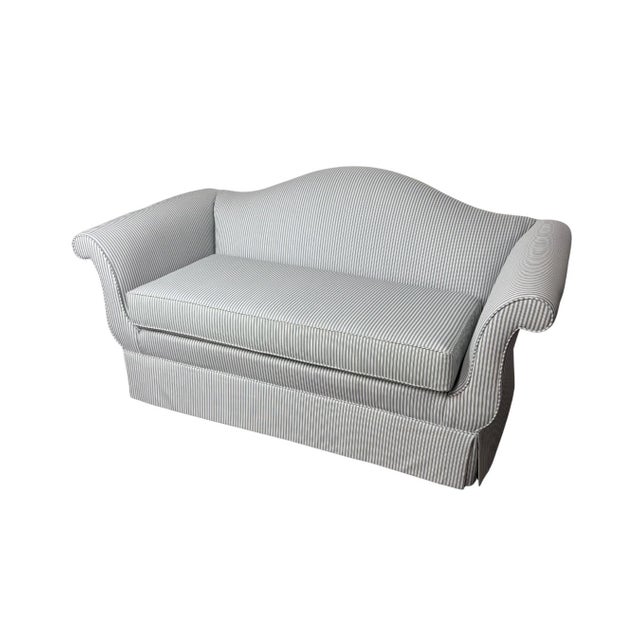 Traditional Traditional Camelback Sofa With Rolled Arms in Blue & White Ticking Stripe For Sale - Image 3 of 6