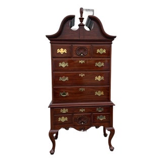 1990s Henkel Harris Solid Cherry Queen Anne Bonnet-Top Highboy Dresser For Sale