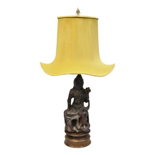 Vintage Buddhist Kuan Yin Brown Ceramic Sculpture Figure Table Lamp W/ Shade For Sale