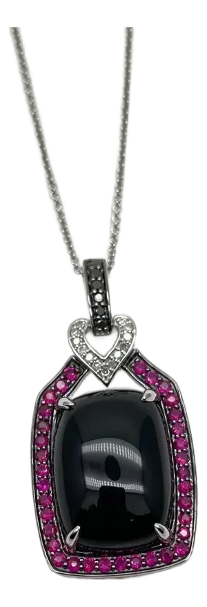 Black Onyx Red Pink Ruby White Diamond Halo 14k White Gold Pendant Necklace
